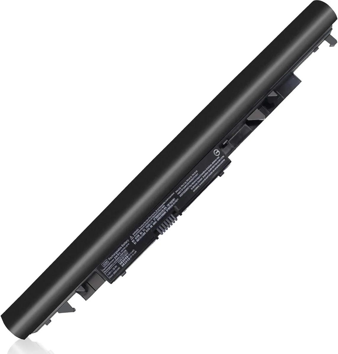Rectangular black laptop battery pack with label