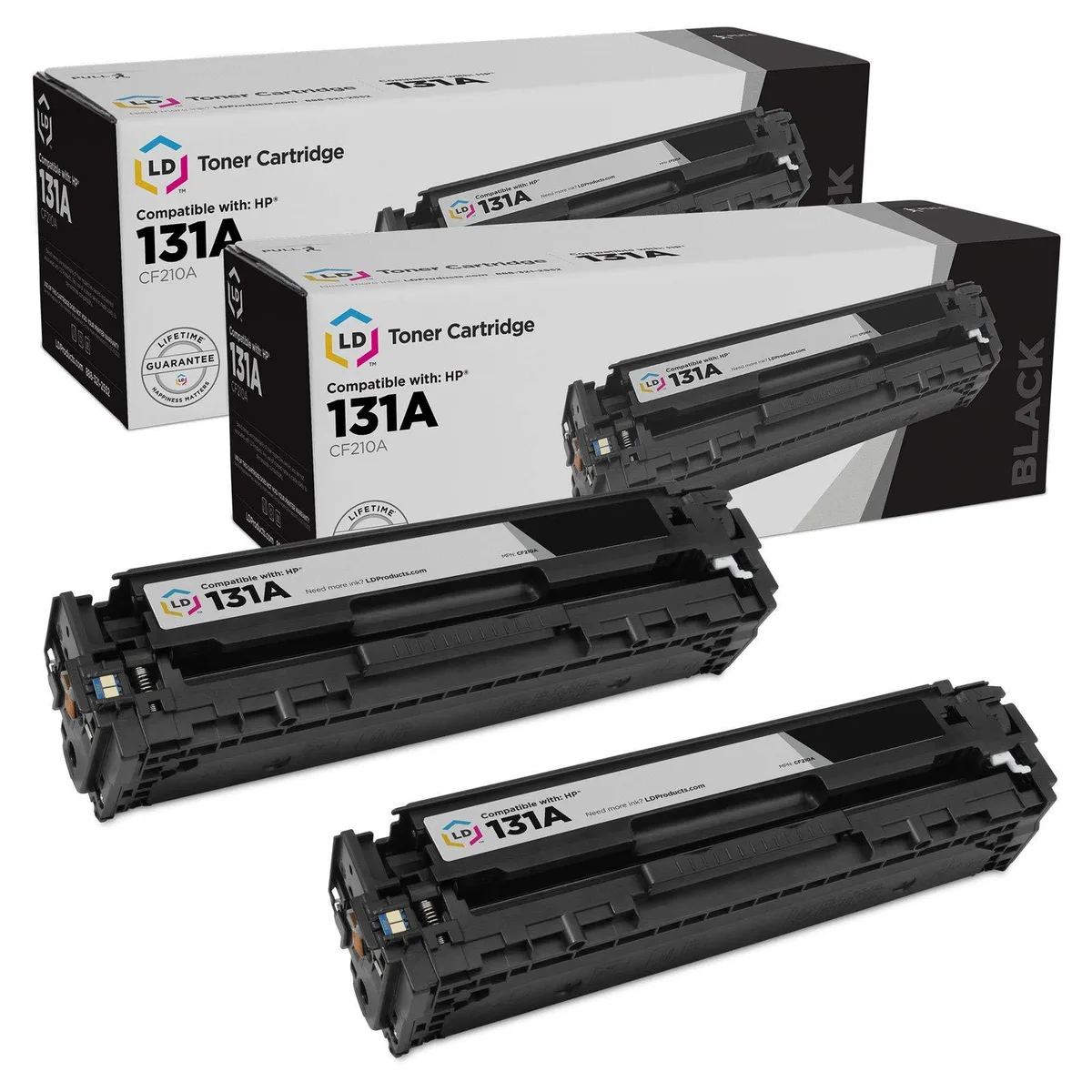 Two black rectangular toner cartridges in a sealed pack