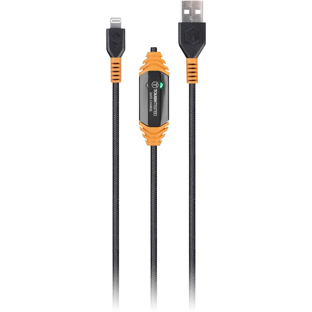 White 4 ft Lightning cable with braided sleeve, USB-A plug, circuit-breaker module and LED indicator