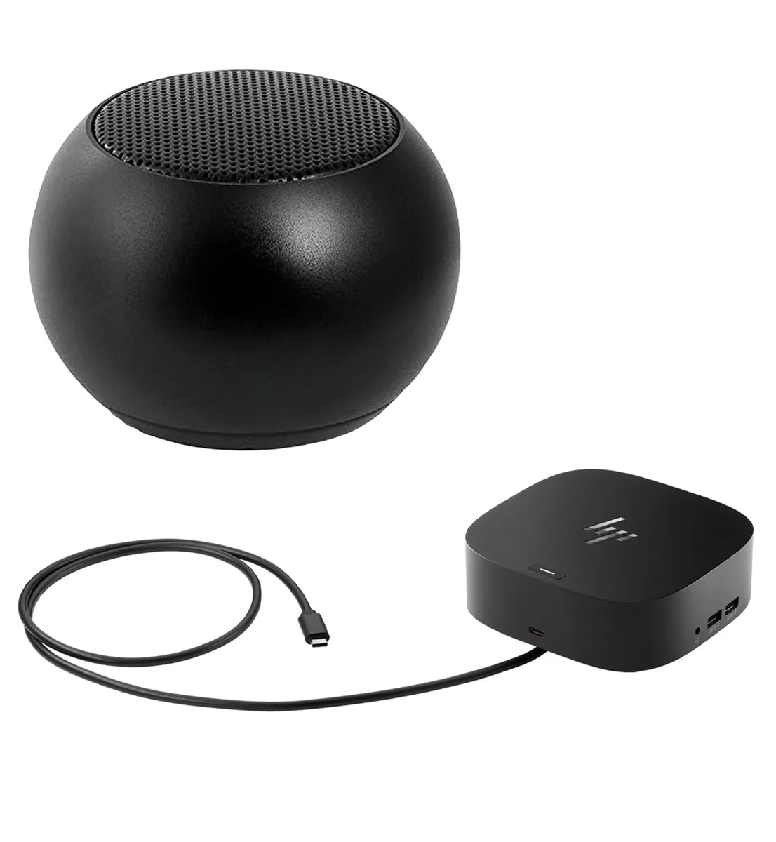 HP USB-C G5 dock with compact Bluetooth mini speaker on top