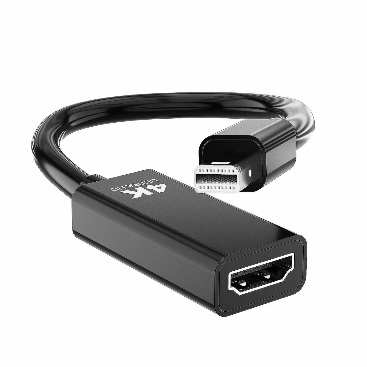 Black mini DisplayPort to HDMI adapter with short braided cable and gold connectors