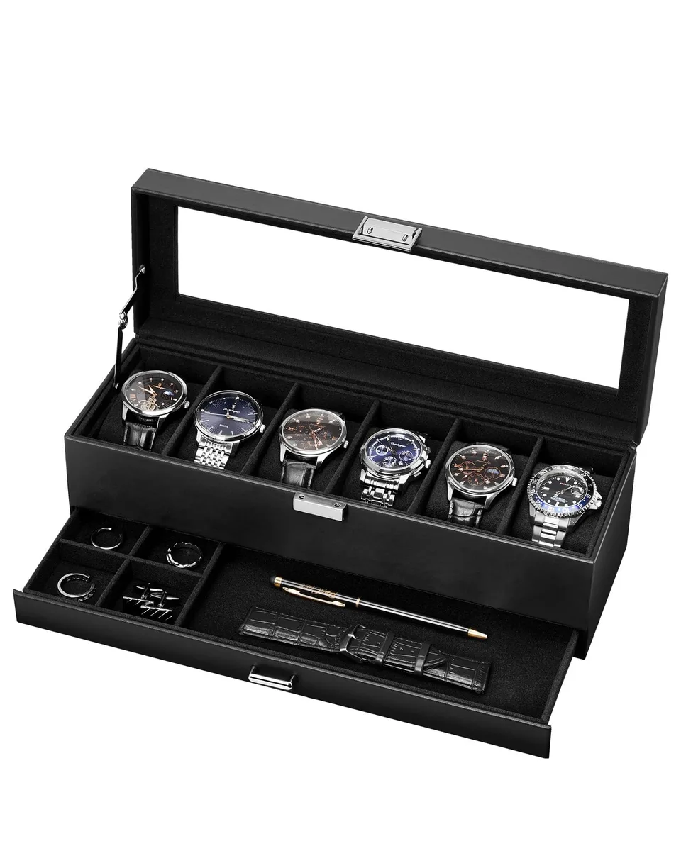Black faux leather watch box with glass lid and six velvet cushions