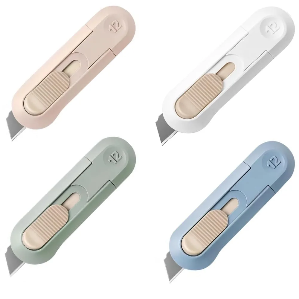 Four small blue retractable utility knives with ABS plastic handles and SK5 steel blades, 2.5 cm wide