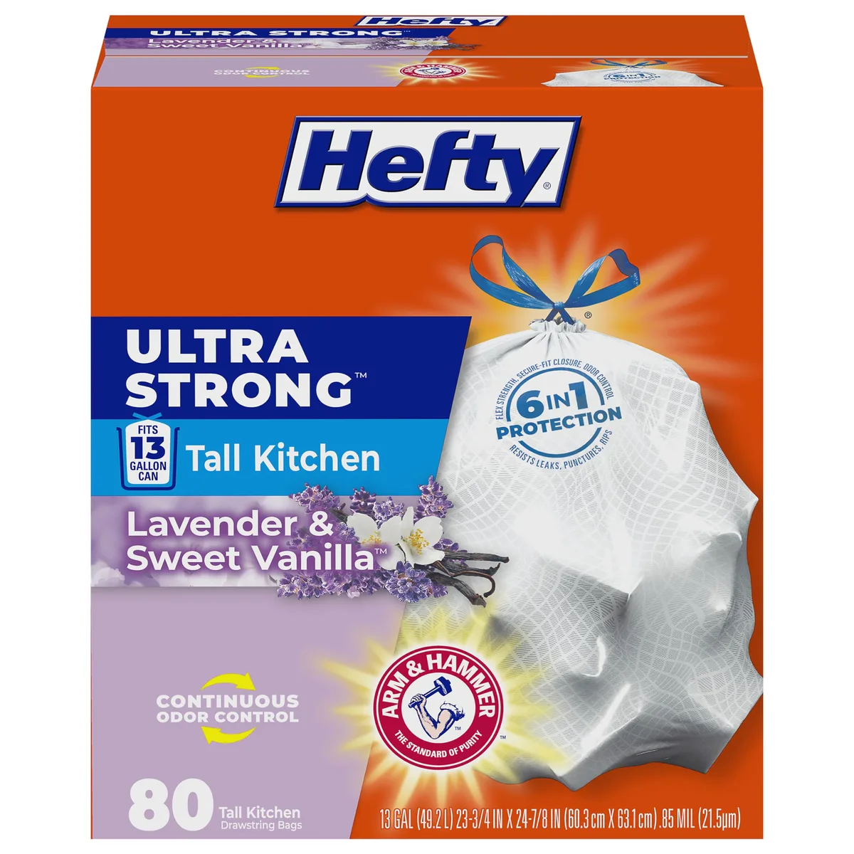 White box of 80 Hefty 13-gallon lavender vanilla trash bags
