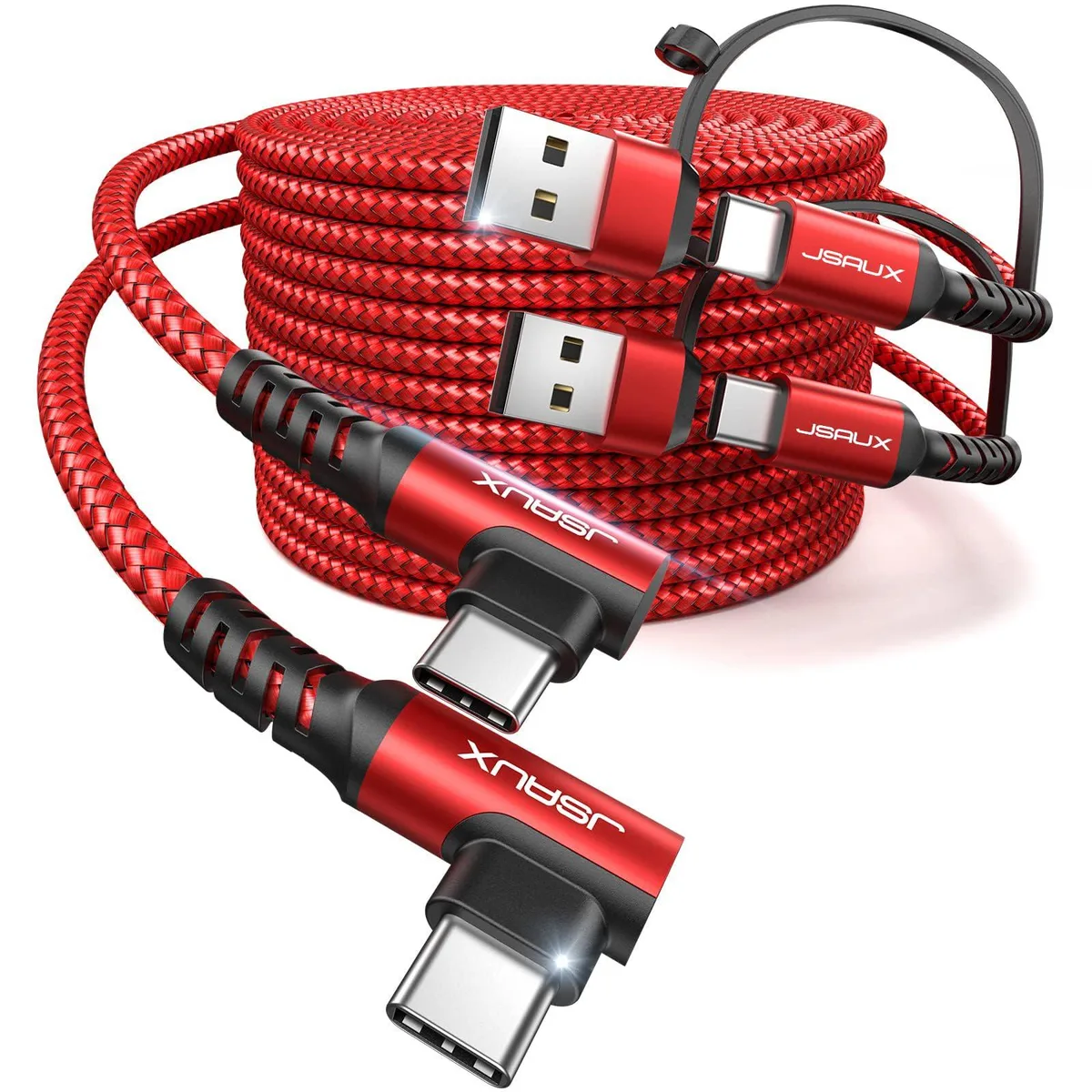 Two red braided USB-C cables with right-angle connectors and attached USB-A adapters
