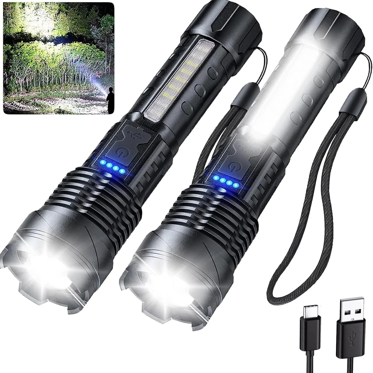 Two matte-black tactical flashlights with zoomable heads and COB side lights
