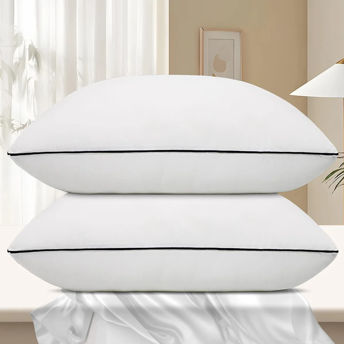 Two white standard bed pillows 17 x 26 inches