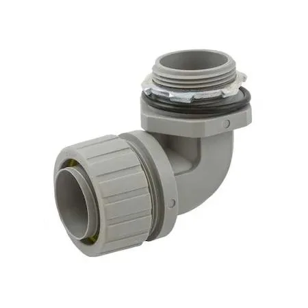Gray nylon 90-degree liquid-tight conduit fitting with male NPT threads