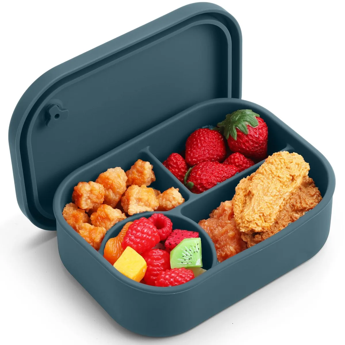 Red rectangular silicone bento box with four internal compartments and matching lid