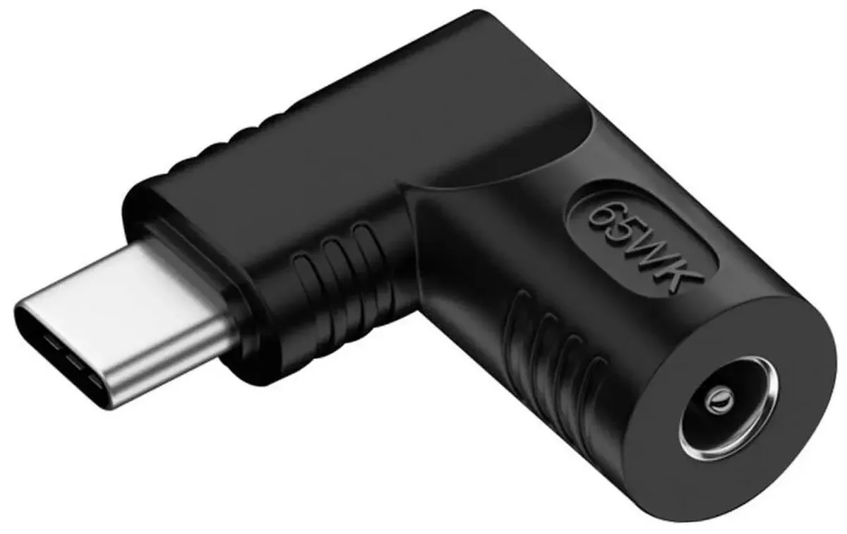 Small black adapter with right-angled DC barrel plug and USB-C port