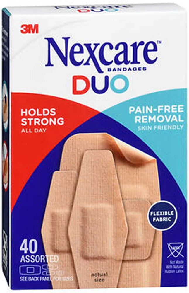 Cardboard box of 40 tan fabric bandages assorted sizes