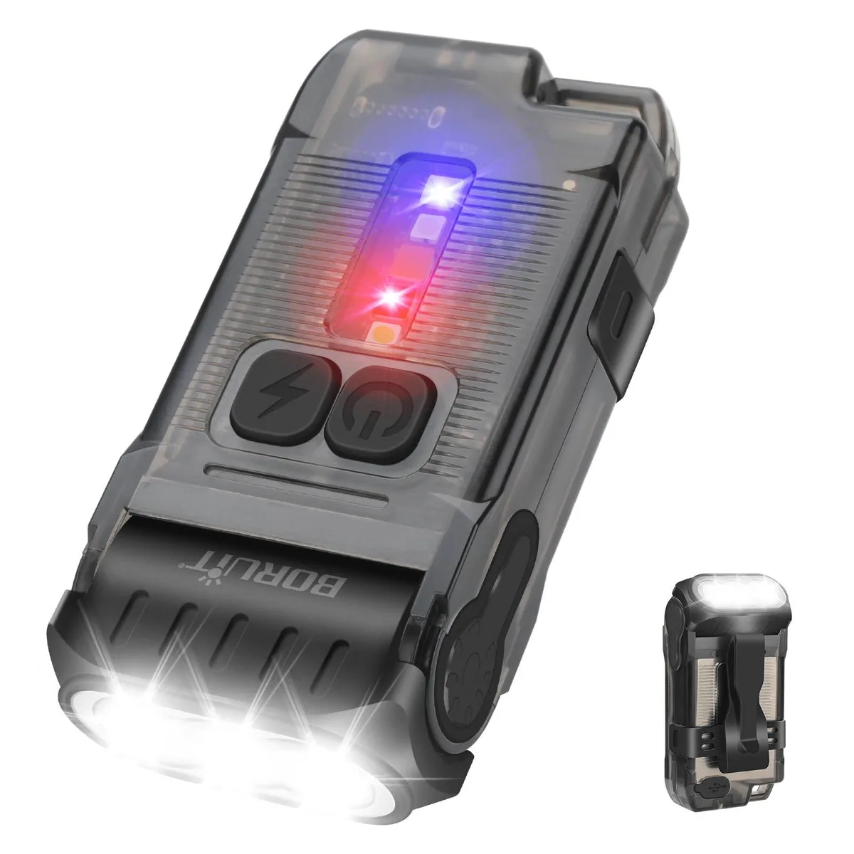 Compact EDC flashlight with swivel head, pocket clip, magnetic tail and keychain loop