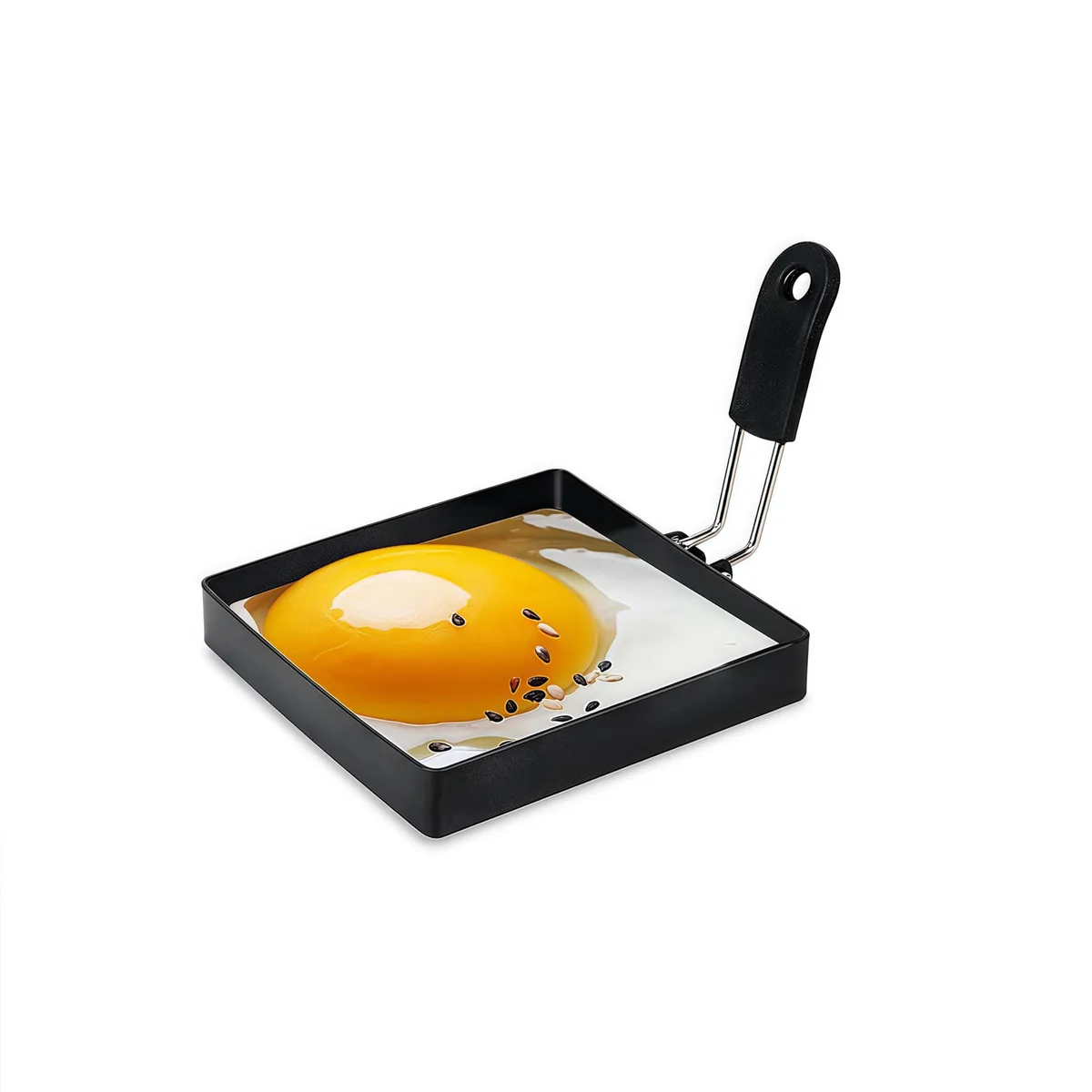 Five square stainless-steel egg rings with black silicone handles