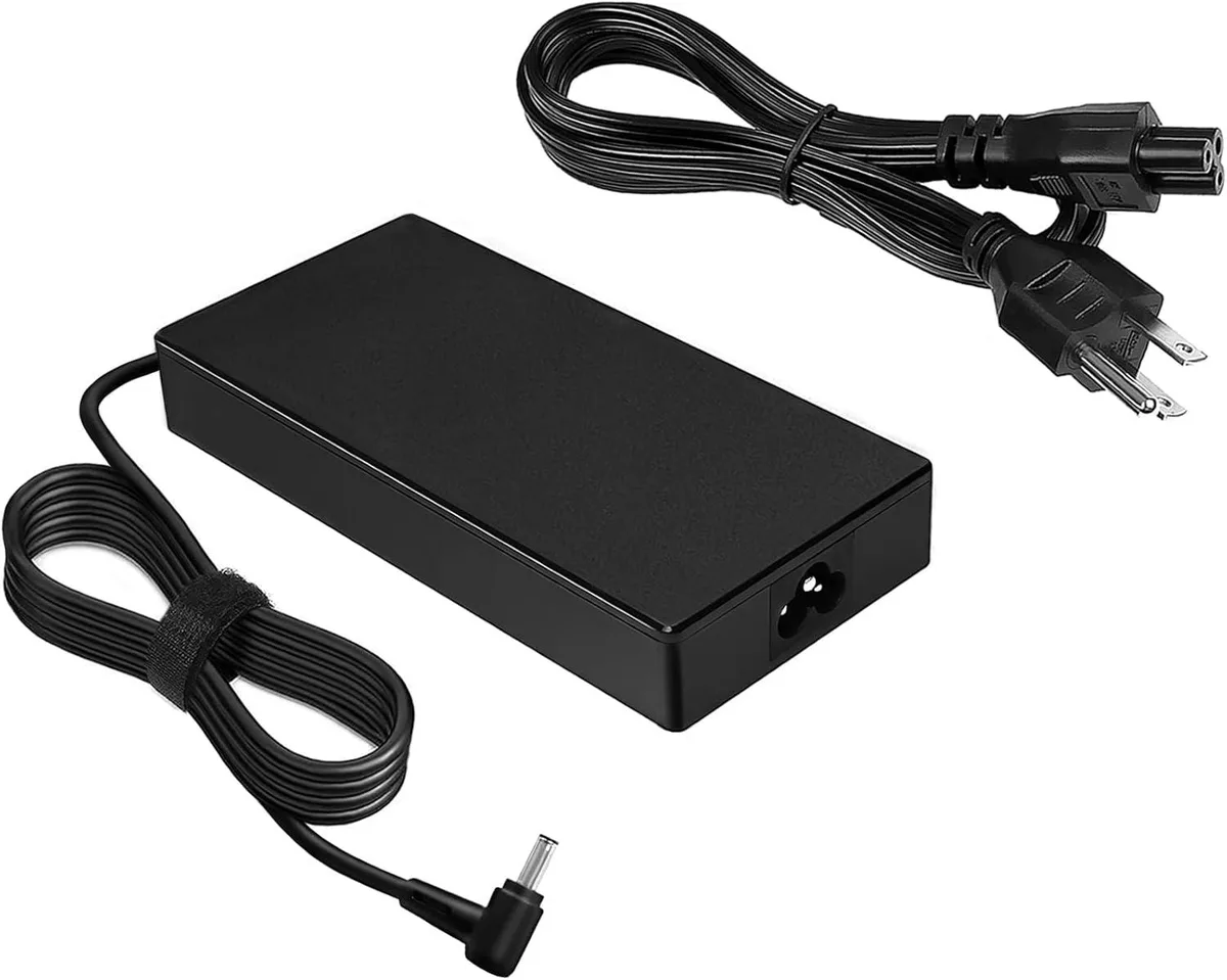 A compact black rectangular AC adapter with a barrel connector cable and a standard mains plug