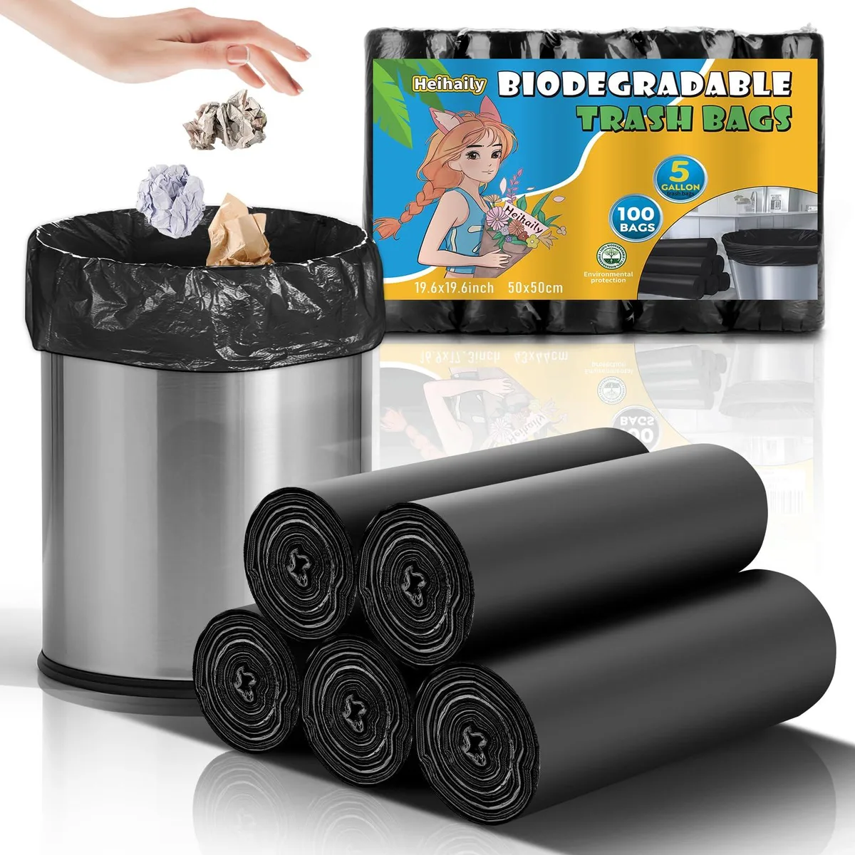heihaily 5 Gallon Biodegradable Garbage Bags Black 100 Count 1.2 mil — product photo