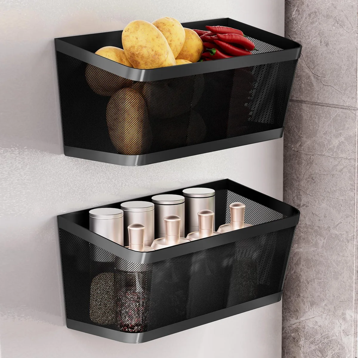 Two red plastic mesh baskets with magnetic backs and raised guardrails, rectangular tiered form factor, glossy finish