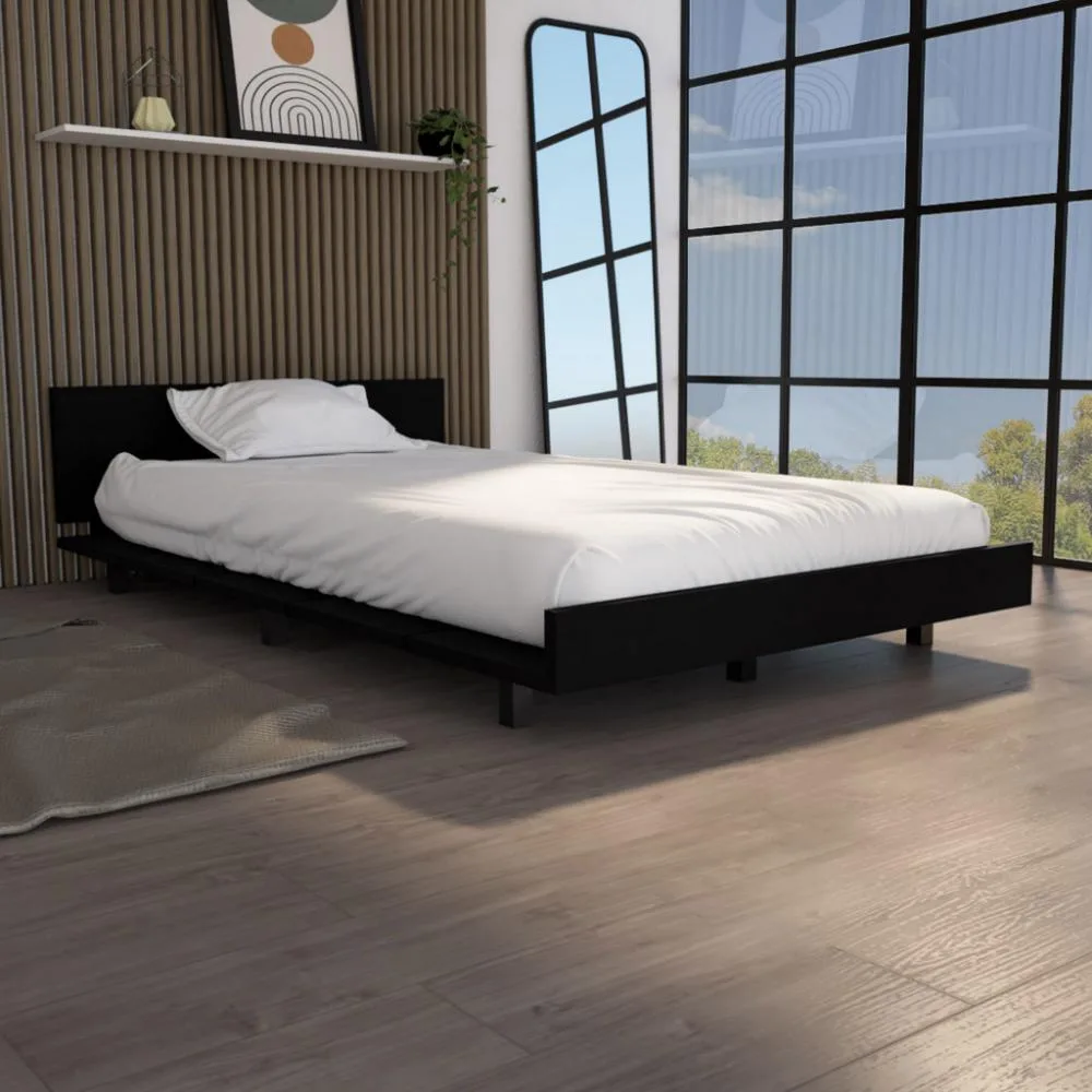 Black twin bed base with low headboard, particle board finish