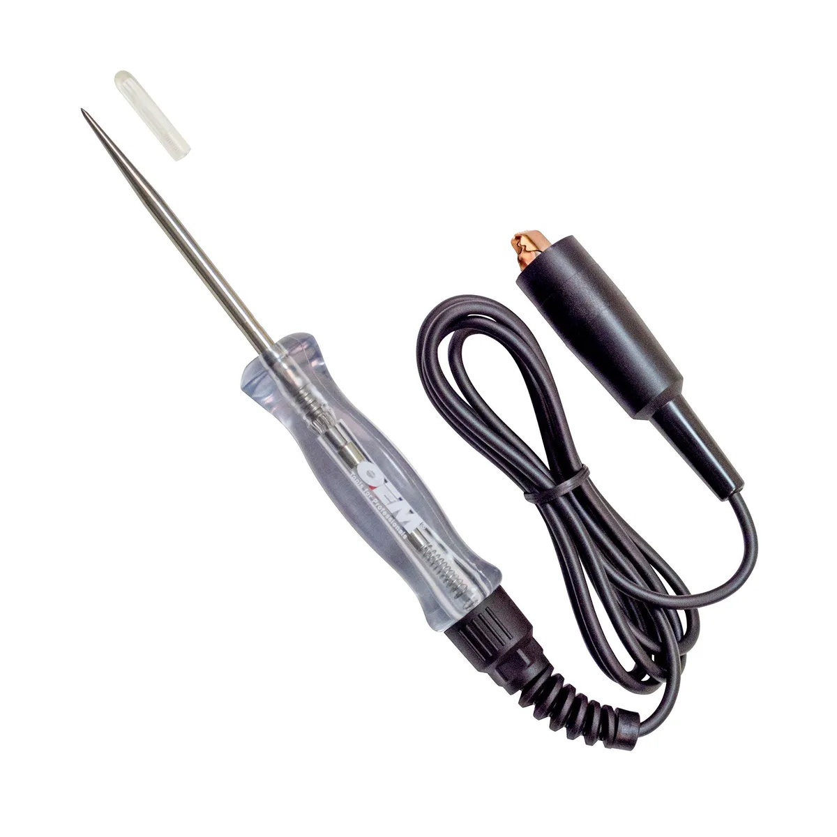 Handheld circuit tester with stainless steel probe, insulated ground clip and five-foot cord