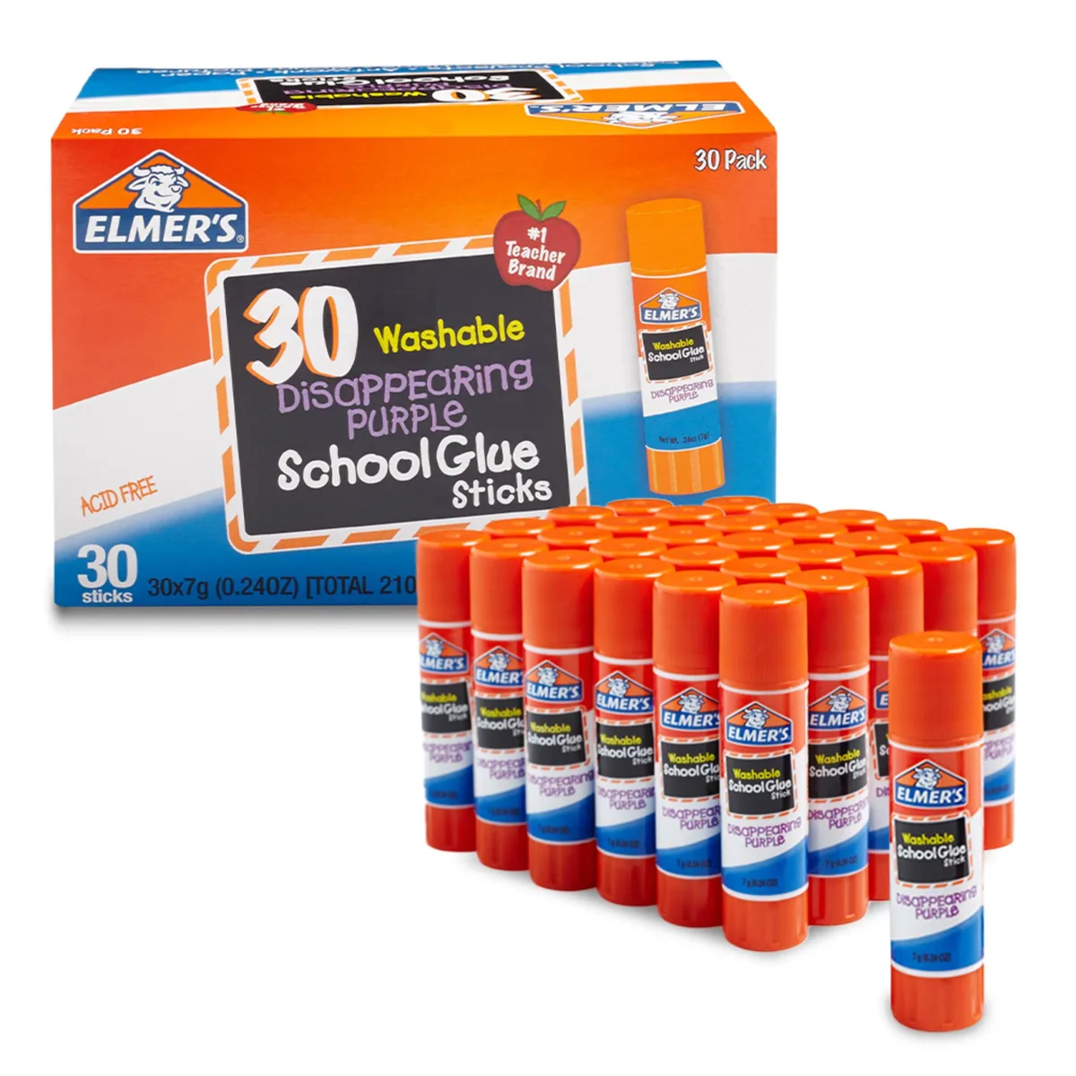 Cardboard box containing thirty purple glue sticks in twist-up plastic tubes