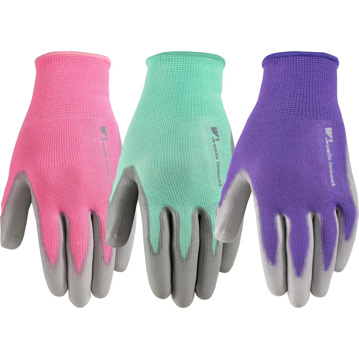 Three pairs of medium women's gardening gloves in pink green purple with polyurethane coated palms breathable polyester shells