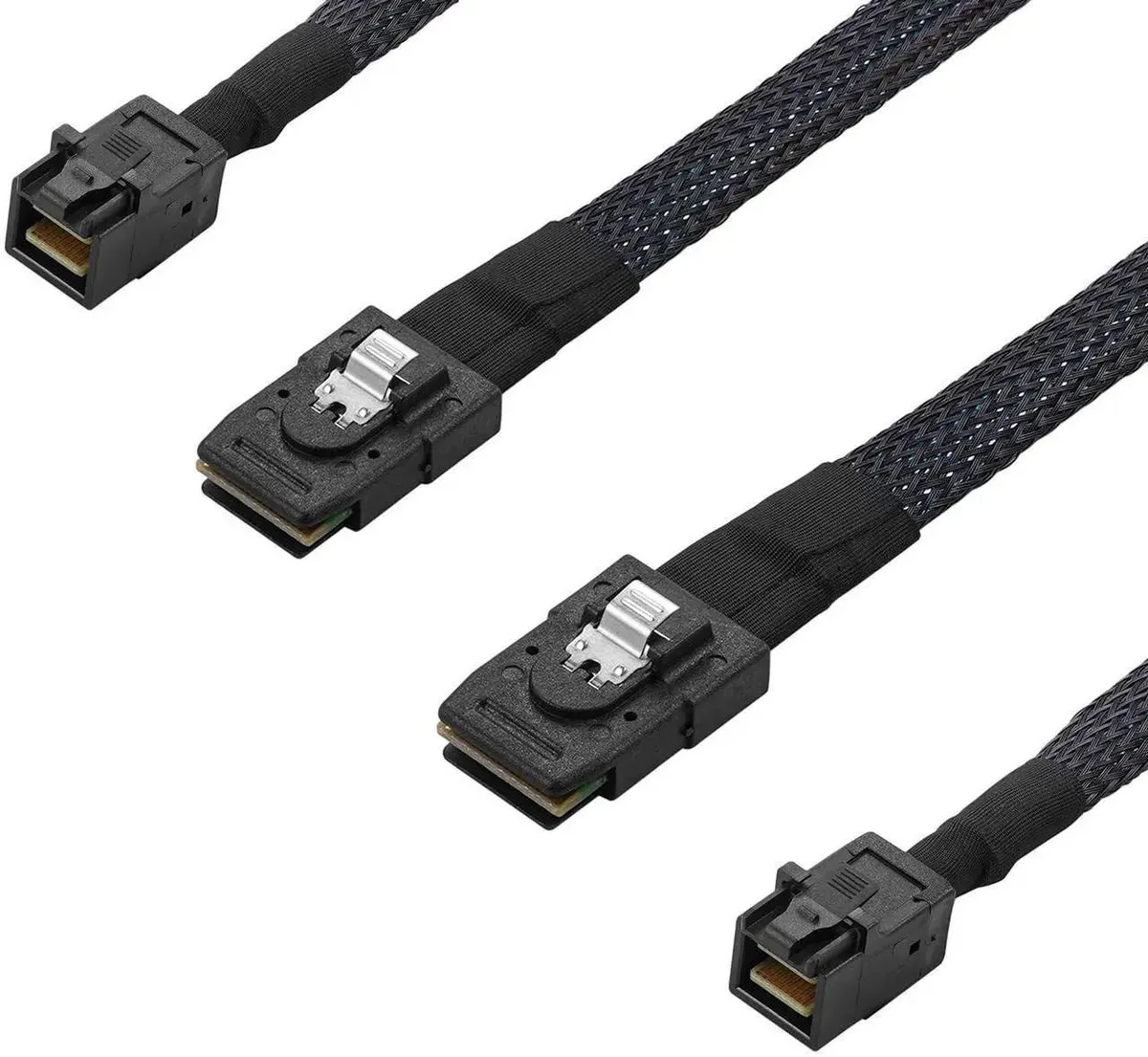 Two short Mini SAS cables, SFF-8643 to SFF-8087 connectors, thin twin-axial wires, matte black finish