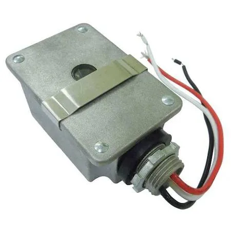 Gray cylindrical photocontrol with 1/2 inch conduit mount, aluminum housing, raintight enclosure