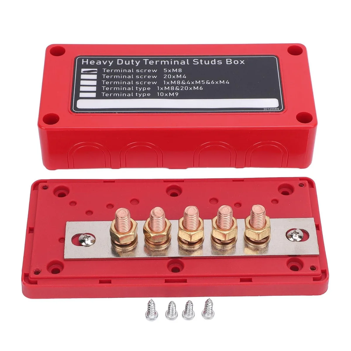 Red plastic block with five M8 brass terminals and cover