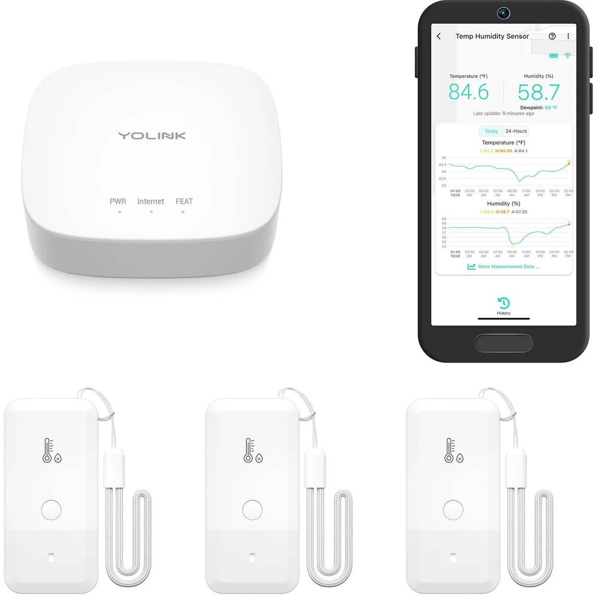 Three white wireless sensors and a hub