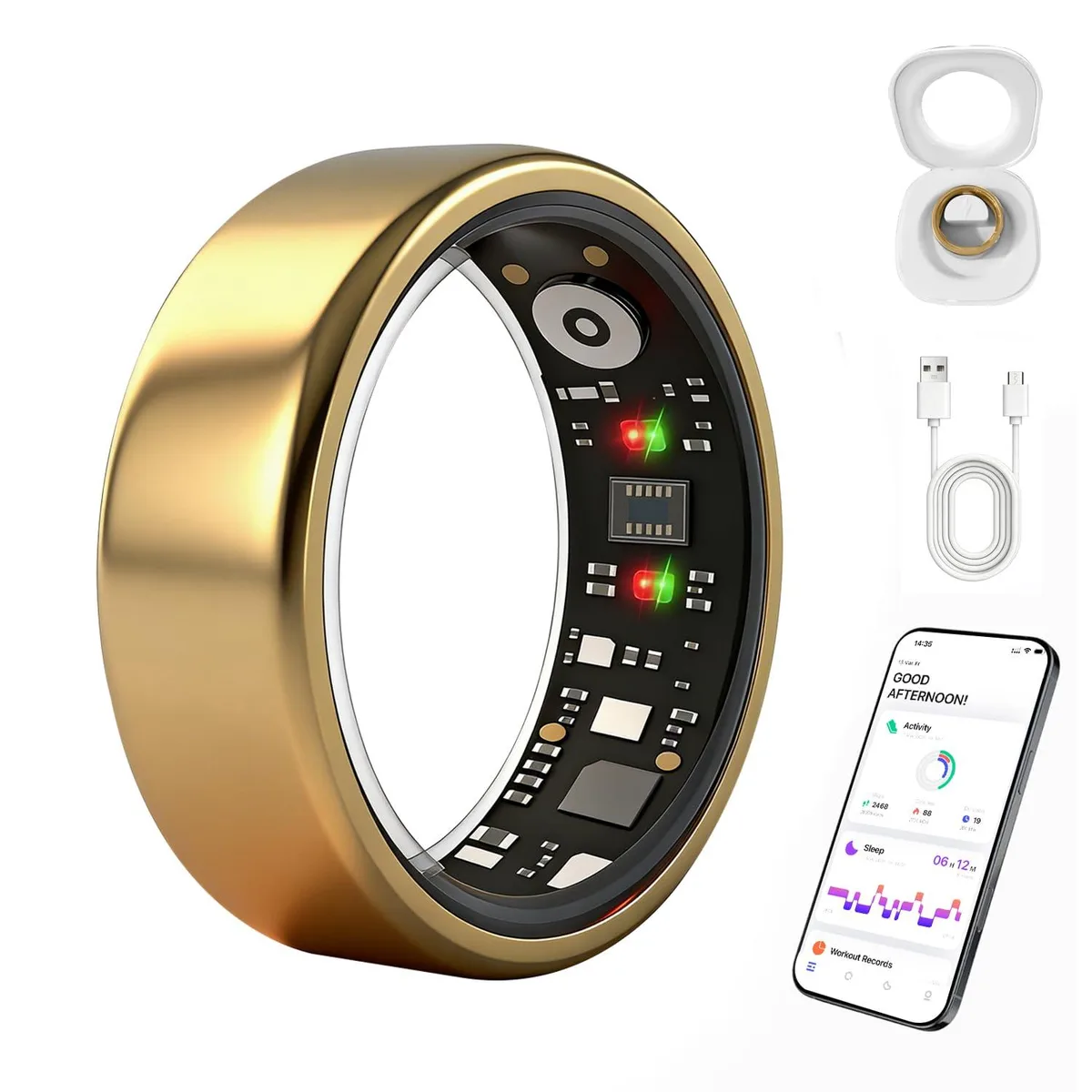 Small black smart ring on a finger, 1.04 inch display visible