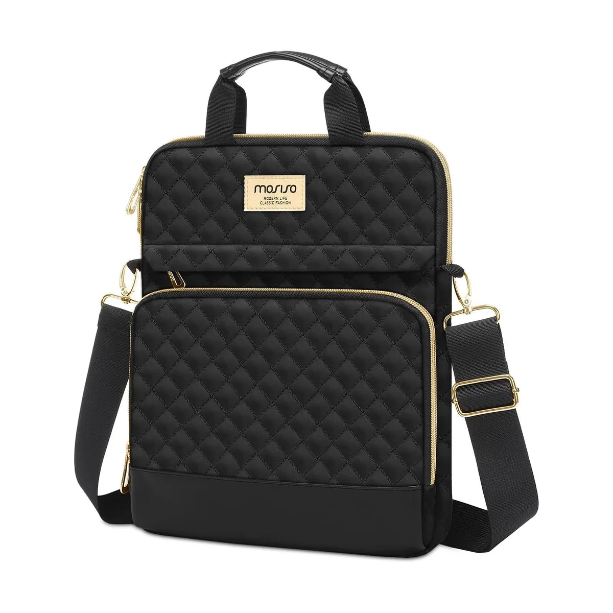 Black square-quilted polyester tablet sleeve with two front zip pockets and top-loading double zippers