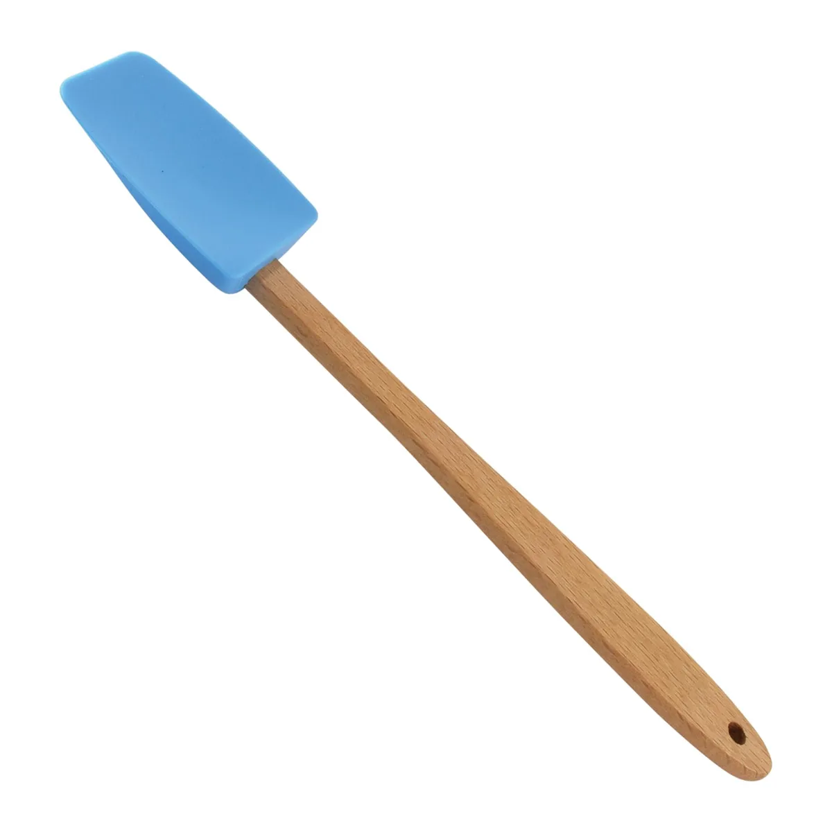 Mini blue silicone spoon spatula with wood handle, 7.75 inches long
