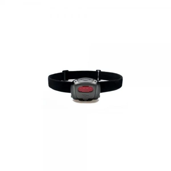 Black rectangular headlamp with four LED lenses on adjustable nylon strap