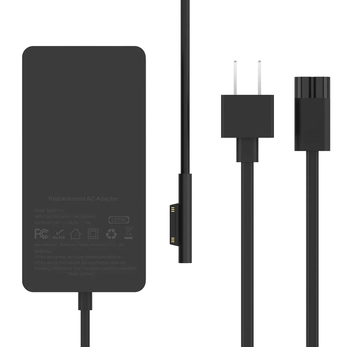 Black rectangular AC adapter with magnetic connector and blue LED indicator on ten-foot cable