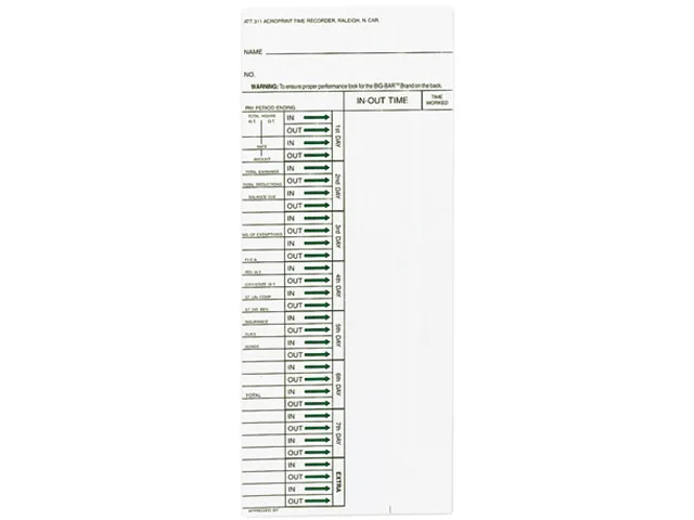 White weekly time cards for ATT310 recorder, 200 pack