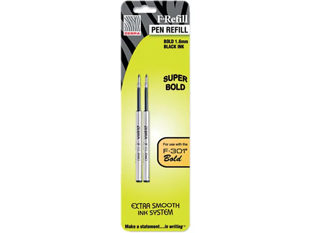 Two black bold pen refills in clear blister packaging