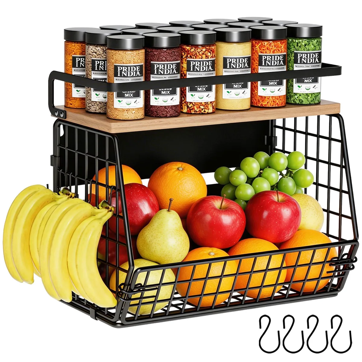 Red two-tier magnetic basket with wire shelves and wooden top, round shape, 34 inches