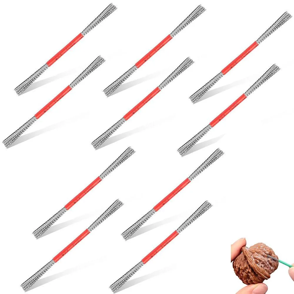 Ten double-headed steel wire brushes in a compact pack