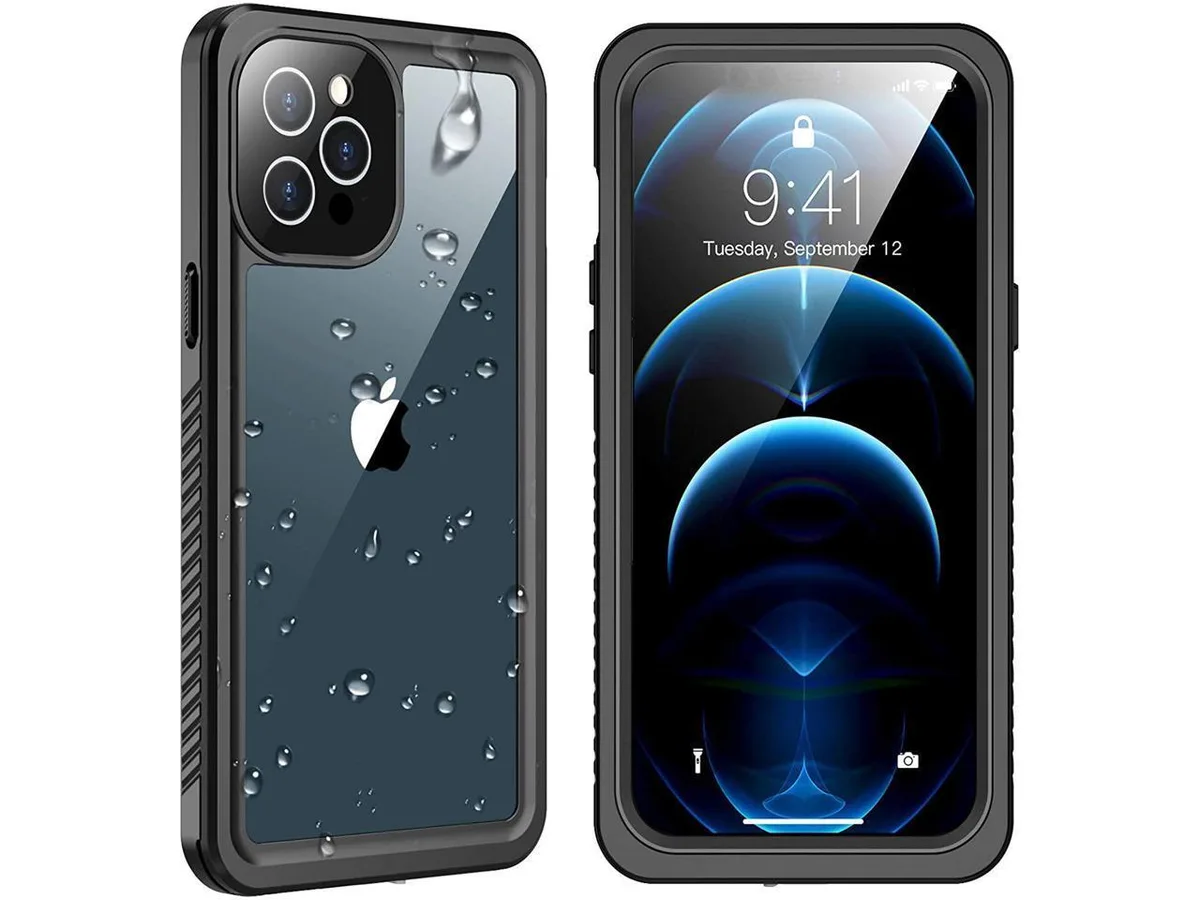 Clear protective case for iPhone 12 Pro with built-in screen cover and strap