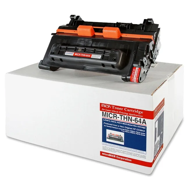 Black MICR toner cartridge, rectangular boxed unit, matte finish