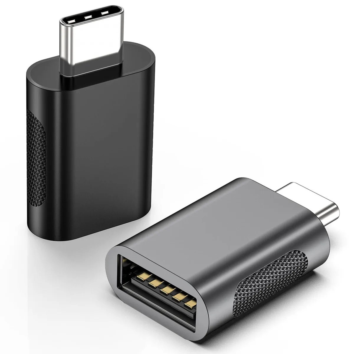 Two compact USB-C male to USB-A female adapters, one black and one grey, with zinc alloy casings and textured grips