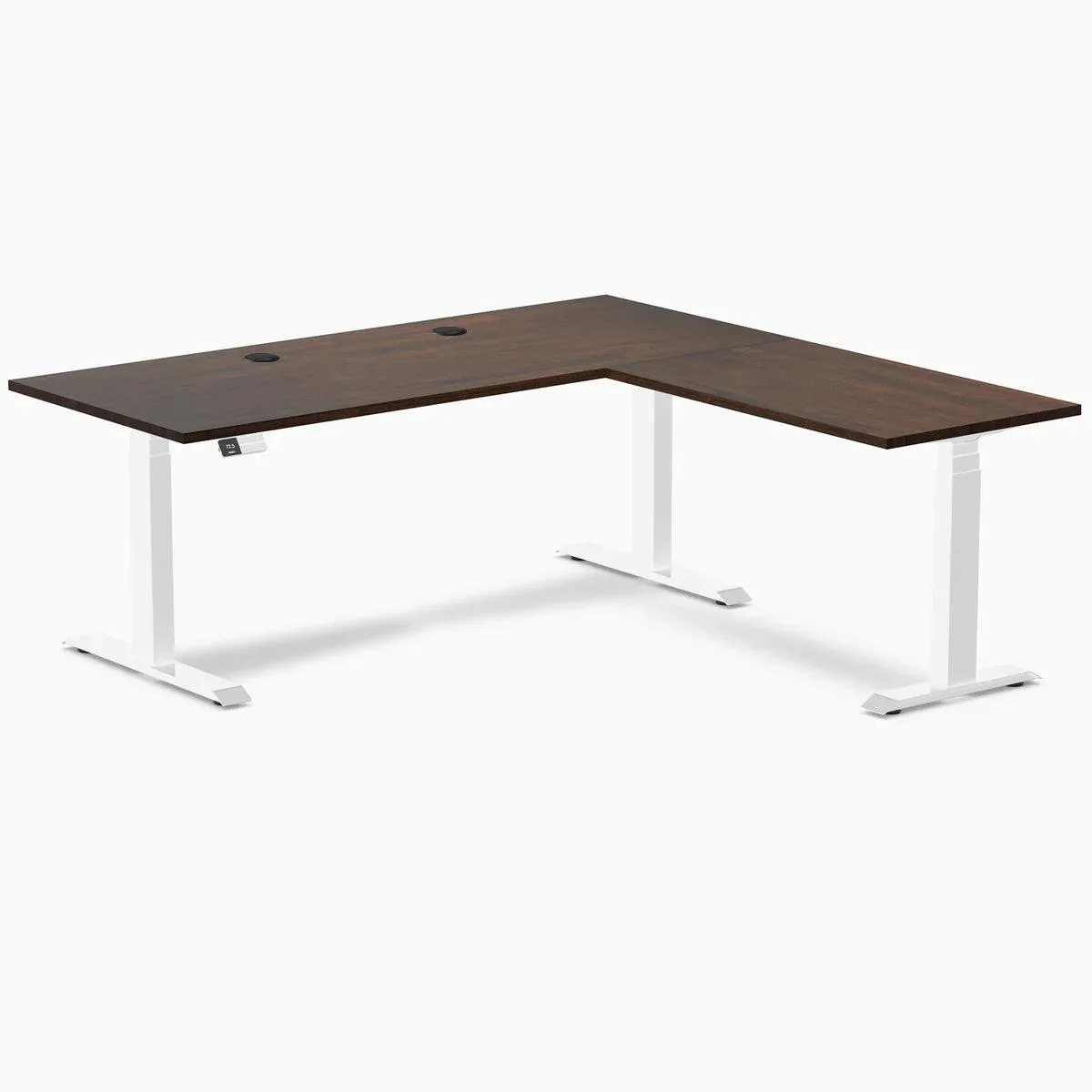 Desky Desky Rubberwood L-Shape Sit Stand Desk Dark Walnut / White 72 x 30 x 70 x 24 in with Grommets — product photo