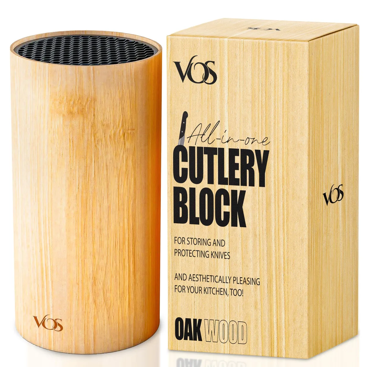 Light bamboo knife block with non-slip base, holds fourteen knives