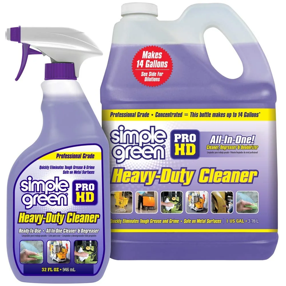 A purple spray bottle and a white one-gallon jug of cleaner
