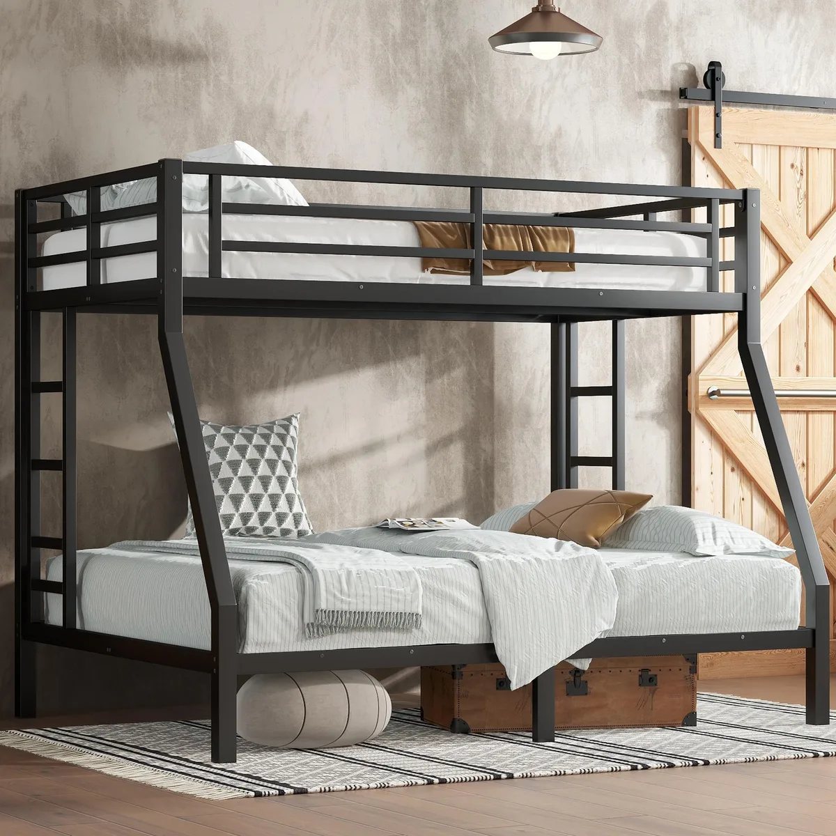Black metal twin-over-full bunk bed with guardrails and slatted base