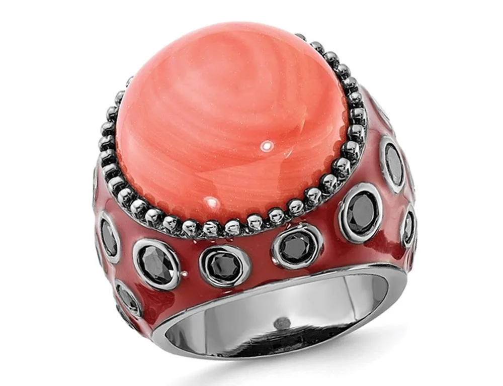 Gem &amp; Harmony Gem &amp; Harmony Red Enamel Sterling Silver Cocktail Ring with Synthetic Coral and Black CZ, 31 Stones, 925 — product photo