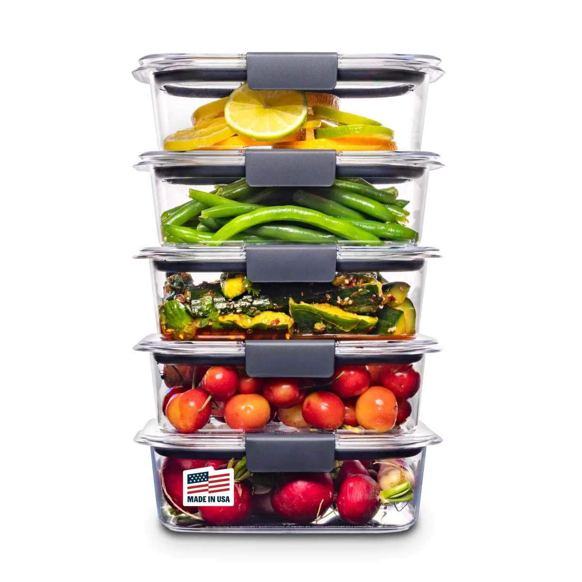 Five clear plastic containers with blue latches and lids stacked together