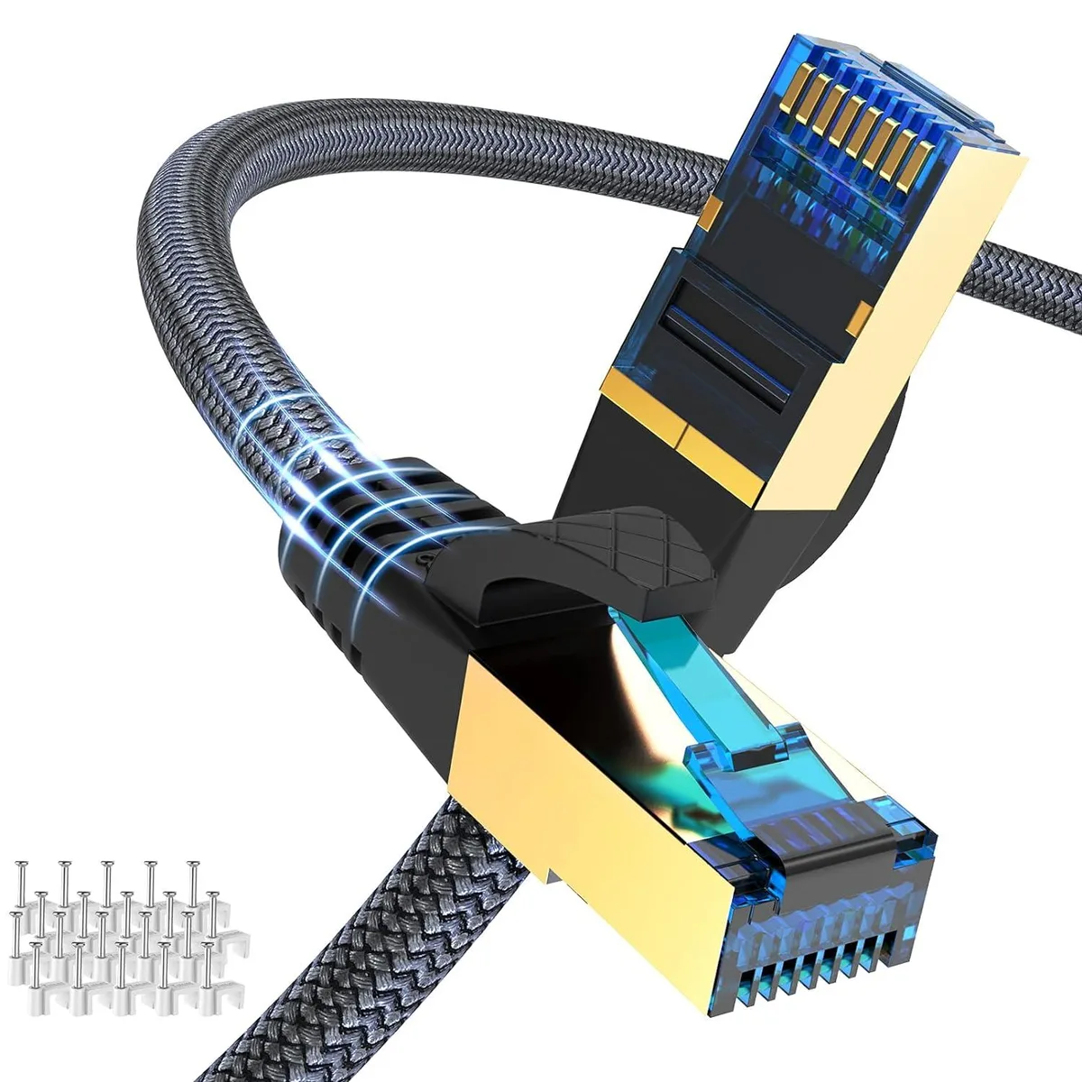 Zell Electronics Zell Electronics Cat 8 Network Ethernet Cable 75Ft Grey 26Awg 40Gbps 2000Mhz S/Ftp Nylon Braided — product photo