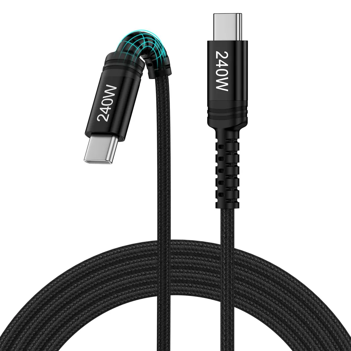 Black braided USB-C to USB-C cable ten feet long