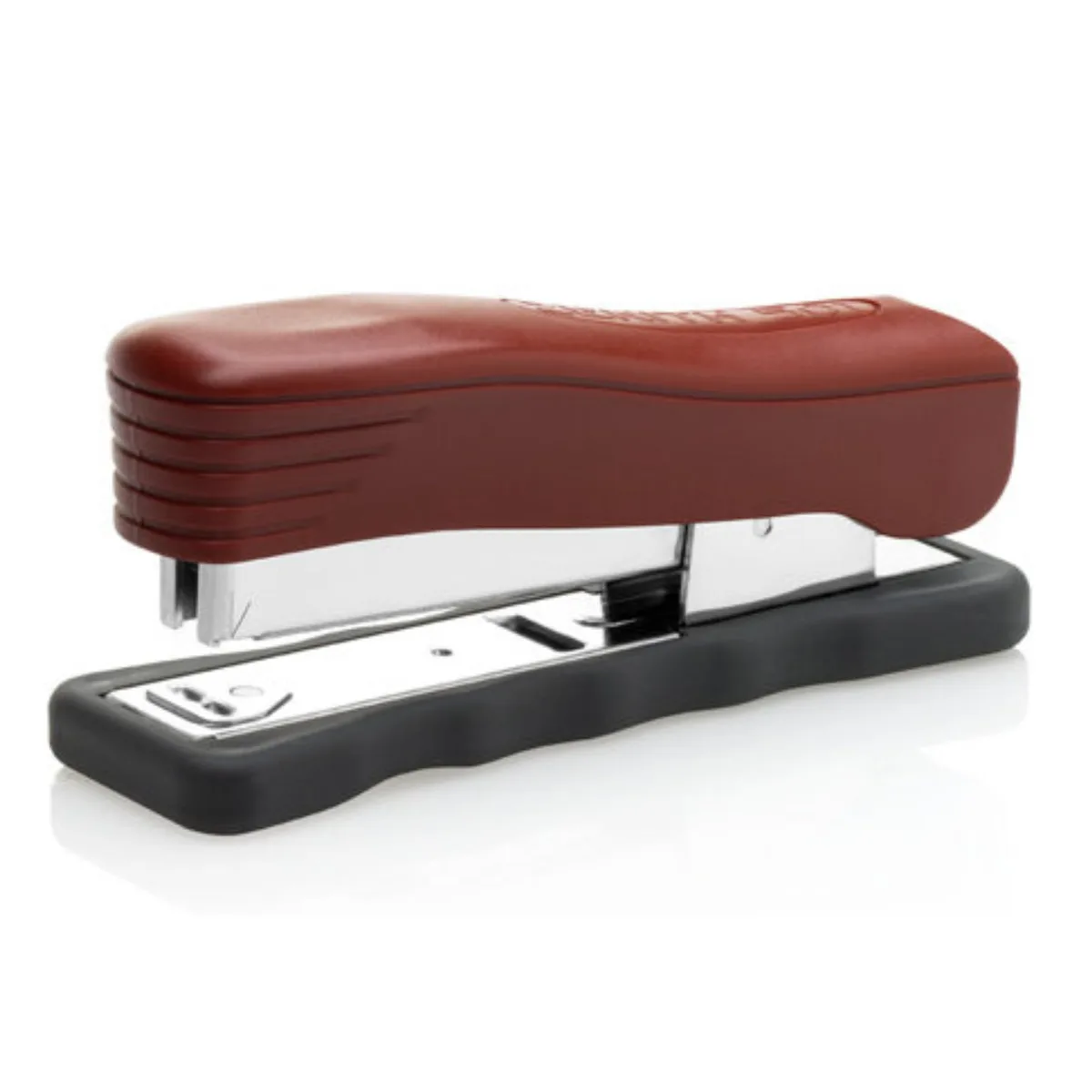 Red Bordeaux Zenith 501 desktop stapler, 5.5 inches long, compact metal body with curved ergonomic base and matching cap
