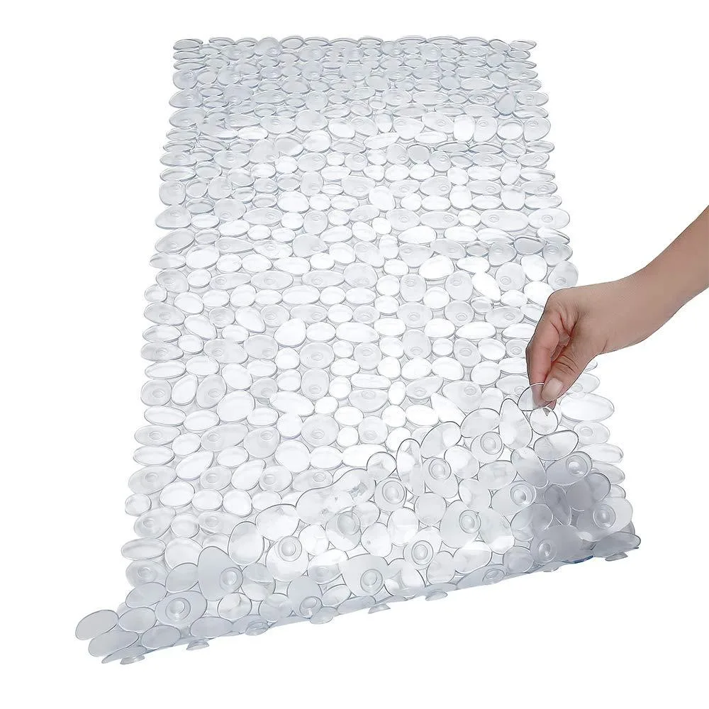 Clear pebble-textured shower mat with 200 suction cups, 35 by 16 inches